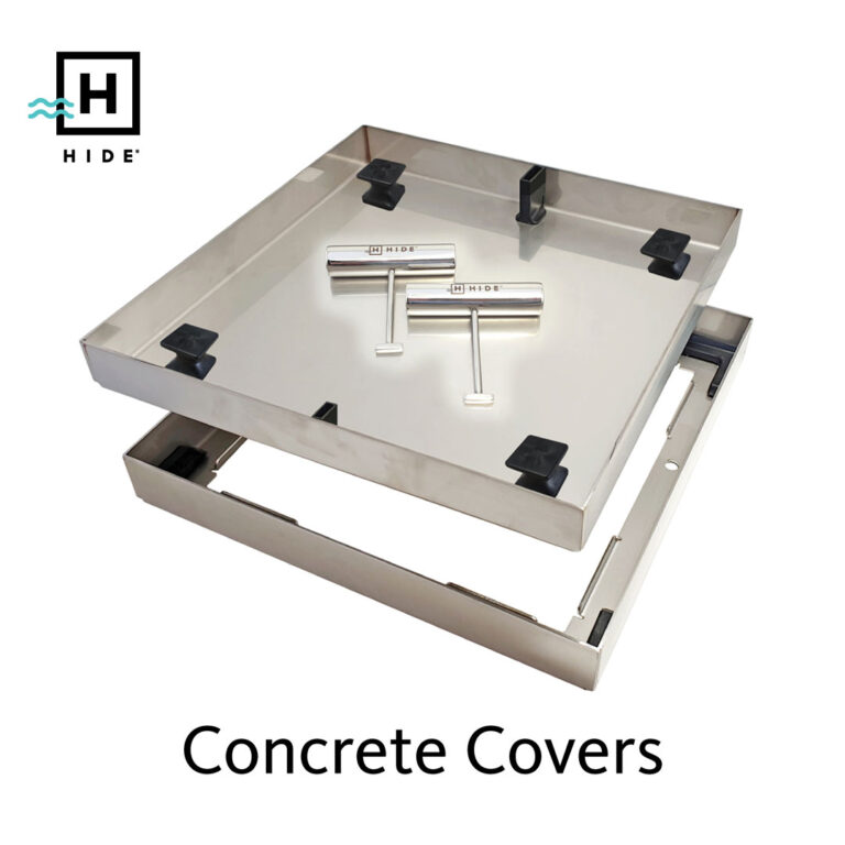 All HIDE covers that are 40mm deep can be converted into a concrete cover. 40mm is the perfect depth for concrete and they can be used as a Skimmer Lid or landscape access cover.
